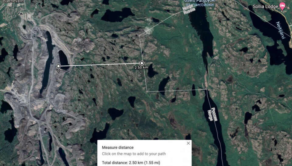 The Sydvaranger mines are located only a couple of kilometers from the border to Russia. Photo from Google maps