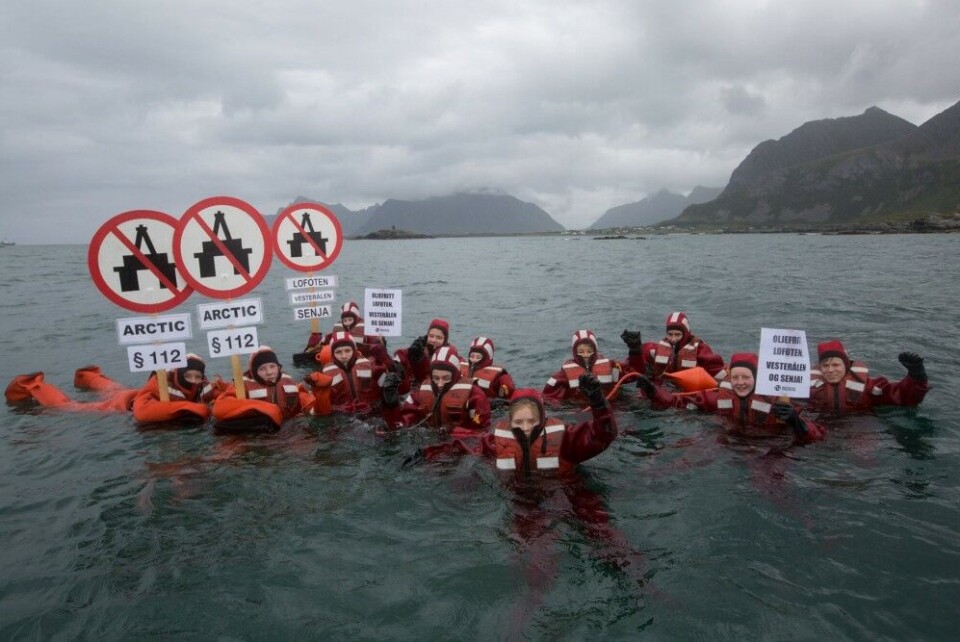 Members of Nature and Youth practicing how to stop oil platforms in the waters outside Lofoten archipelago in Norway. Photo: Nick Cobbing / Greenpeace