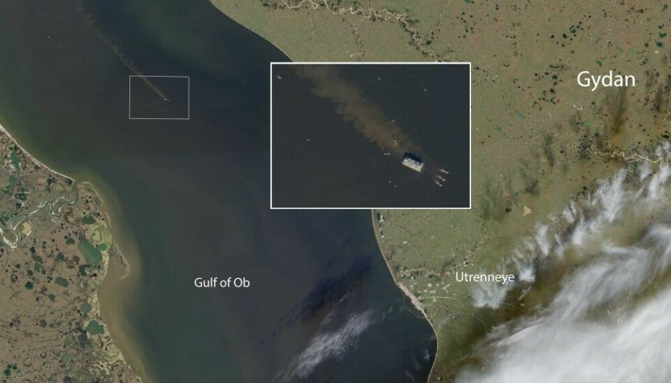 The gravity-based structure built for the Arctic LNG 2 project could on the 16th of August be seen in the Gulf of Ob, only about 50 km from the port of Utrenneye, Gydan Peninsula. Photo: Barents Observer/Senitel-2 satellite