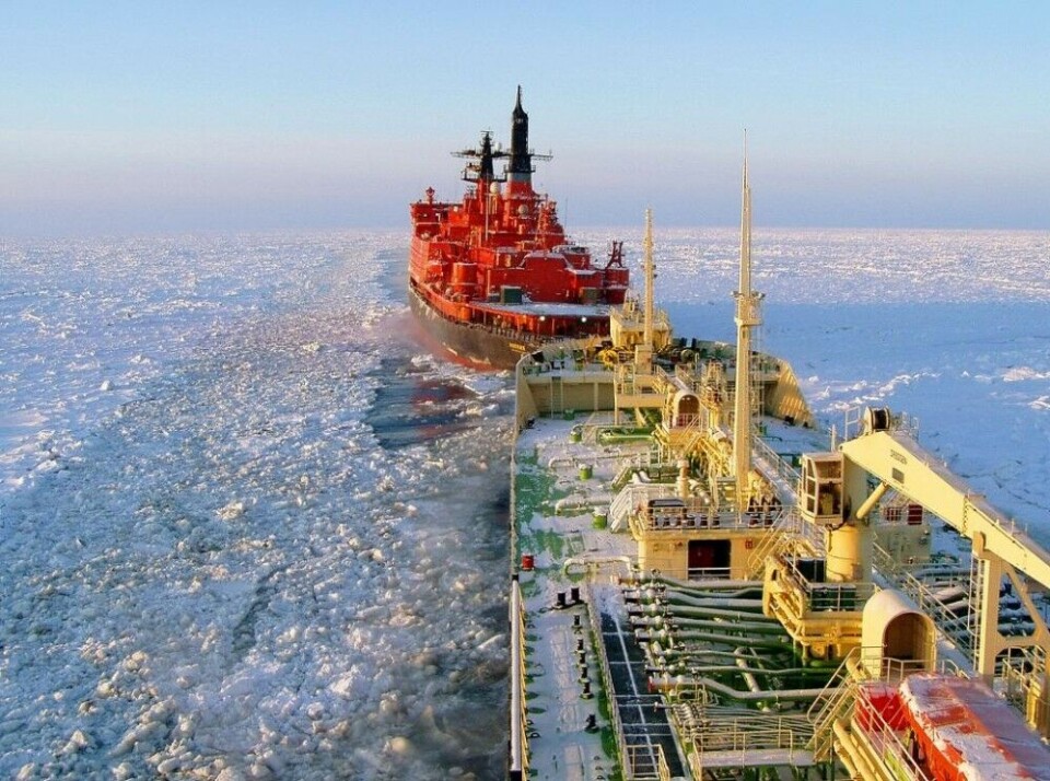 Nuclear-powered icebreaker escorting a vessel through the Northern Sea Route. Photo: Rosatomflot