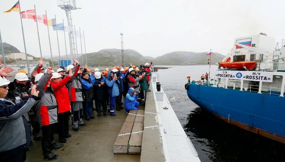 Russian and Western officials at the quay in Andreeva Bay as “Rossita” made its first voyage with spent nuclear fuel. Photo: gov-murman.ru