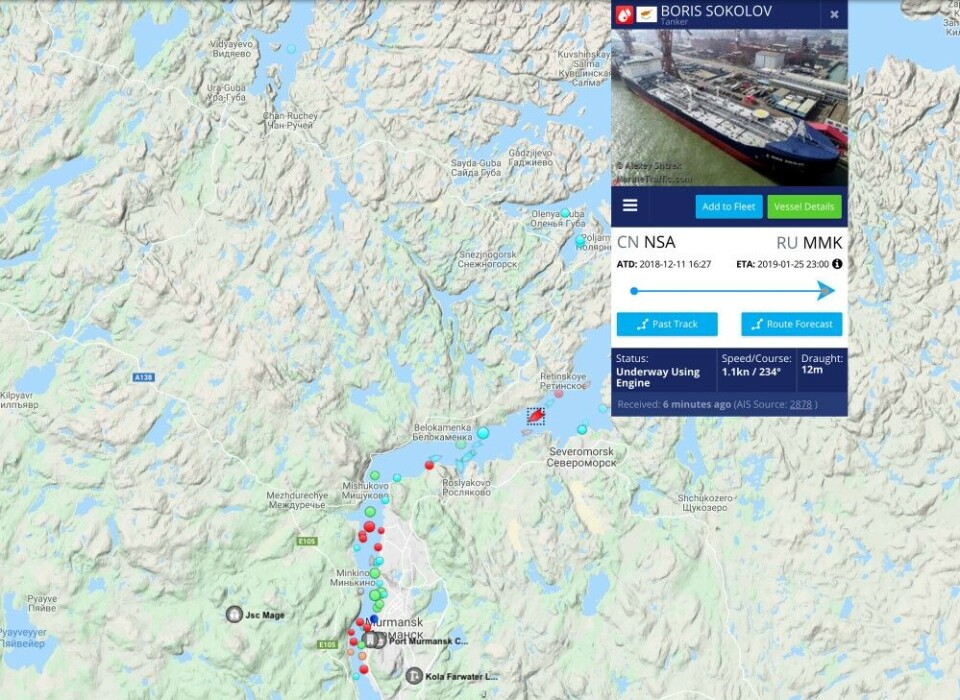 Tanker 'Boris Sokolov' sails into Kola Bay. Screenshot from MarineTraffic