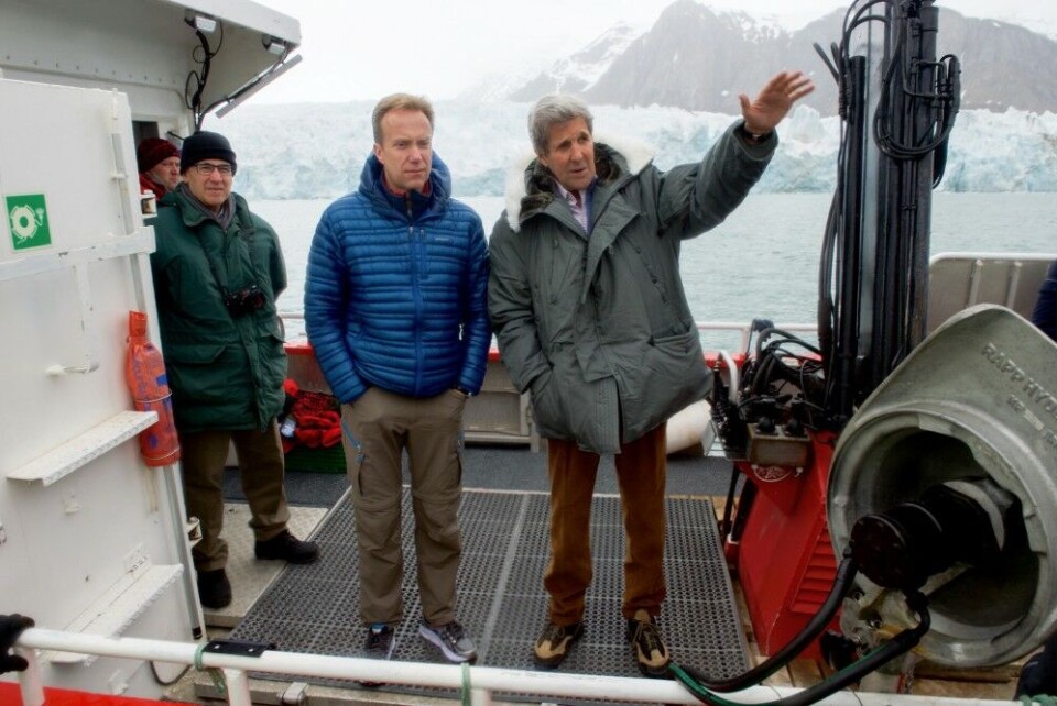 U.S. Secretary of State John Kerry, Norwegian Foreign Minister Børge Brende, and U.S. Ambassador to Norway Samuel Heins, floats on the Kongsfjorden near Ny-Ålesund on Norway's Svalbard Archipelago on Thursday. Photo: State Department photo/ Public Domain