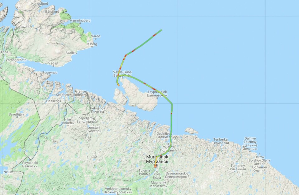The route of the “Arctic Swan” on 26-27th March. Map by Marinetraffic