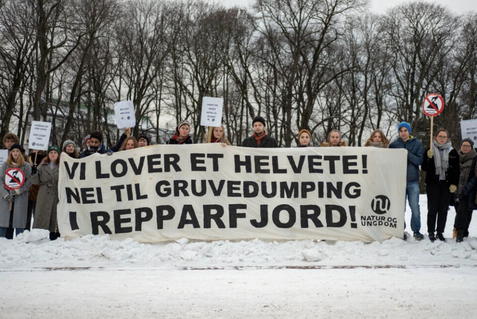 “We promise a hell. No to dumping of mining tailings to Repparfjord!” reads the slogan from the protest. Photo: Nature and Youth