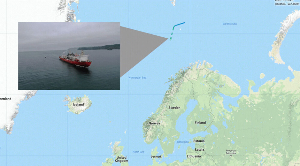 Sevmorput is Monday sailing south of Bjørnøya into the Norwegian Sea. Map and photo: MarineTraffic.com / Rosatomflot / Barents Observer
