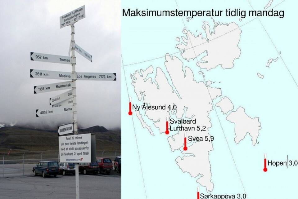 Temperatures in Longyearbyen Monday morning (map from yr.no) reminds of places far away from the Arctic. Photo: Thomas Nilsen
