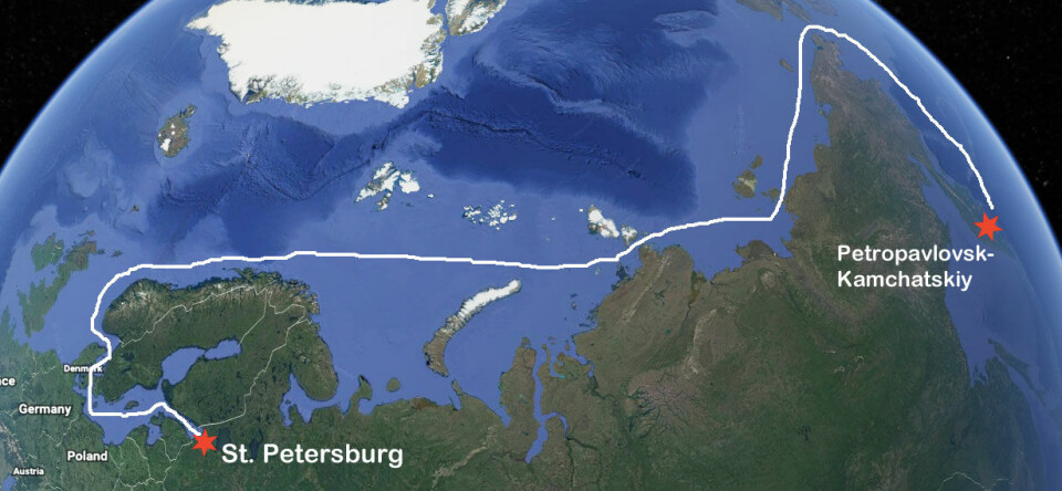 From Kamchatka, the “Sevmorput” has sailed via the Arctic en route to St. Petersburg. Map: Barents Observer / Google Earth