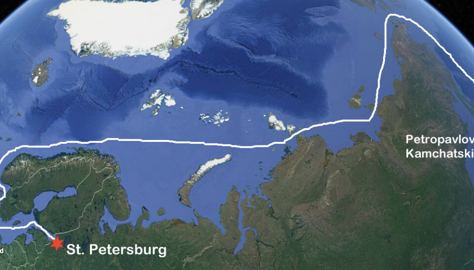 From St. Petersburg, the “Sevmorput” will sail the short-cut via the Arctic en route to Kamchatka in the Far East. Map: Barents Observer / Google Earth
