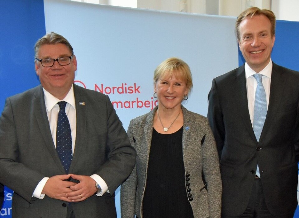 Nordic smiles: Foreign Ministers of Finland, Sweden and Norway. From left Timo Soini, Margot Wallström and Børge Brende. Photo: Thomas Nilsen