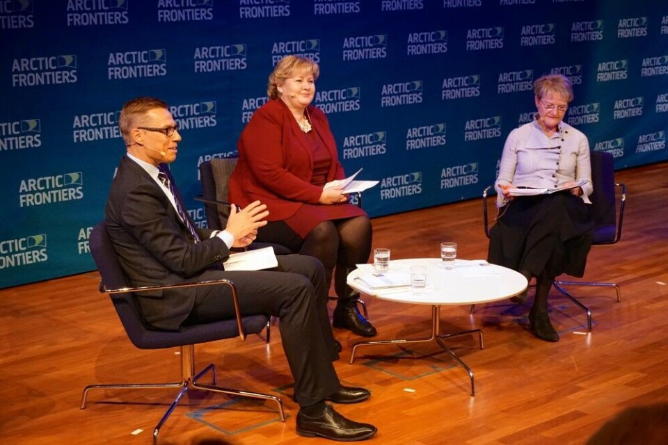 Norway’s Prime Minister Erna Solberg in armchair debate with Finland’s then-Prime Minister Alexander Stubb and Sweden’s then-Minister for Strategic Development Kristina Persson at Arctic Frontiers in 2015. Photo: Thomas Nilsen