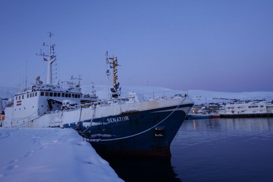 Latvian trawler 'Senator' moored in Båtsfjord, Norway, has not been to sea since it was arrested in 2017. Photo: Atle Staalesen