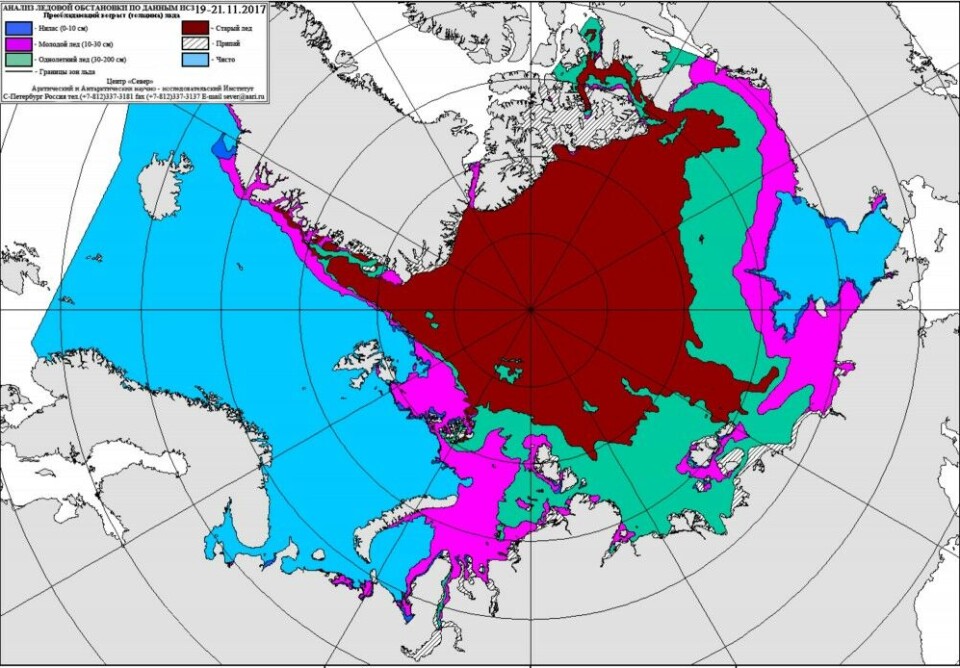 Arctic ice in the period 19-21 November 2017. Map by aari.ru