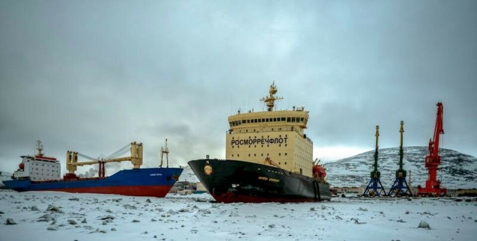 Icebreaker 'Kapitan Dranitsyn' has been trapped in Pevek along with two cargo vessels since early January. Photo: Rosmorport