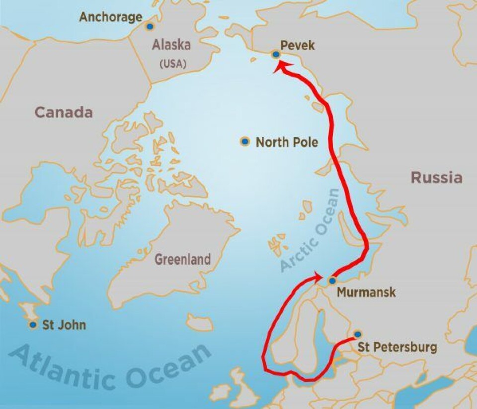 The red line shows the route of the Akademik Lomonosov, the floating nuclear power plant that will travel across Northern Sea Route. The plant was shipped from St. Petersburg to Murmansk last year. The barge is expected to begin producing power for the town of Pevek, in Russia’s eastern Arctic, in December. Map: Shiri Segal/Alaska Public Media
