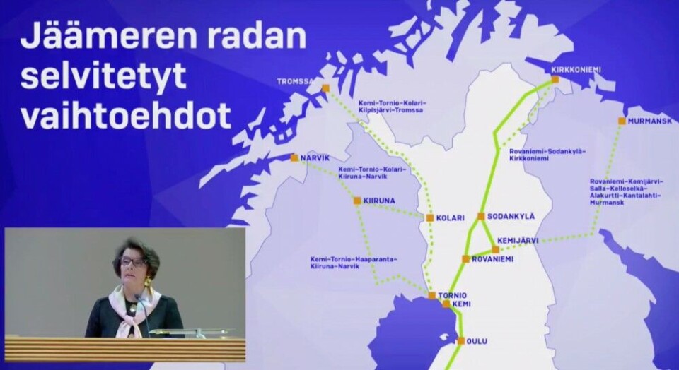Minister Anne Berner presents railway report. Screenshot from press conference, lvm.fi