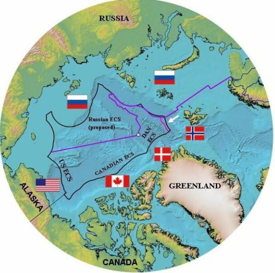 Exclusive Economic Zones (EEZ: black line) and Extended Continental Shelves (ECS). Notes: Russian ECS submitted in 2001 not recommended by the UN Commission (CLCS) Norwegian ECS (white arrow) submitted in 2006 recommended by CLCS in 2009 and ‘accepted’ by Norwegian government in 2009. (GAC/DFO/NRCan)