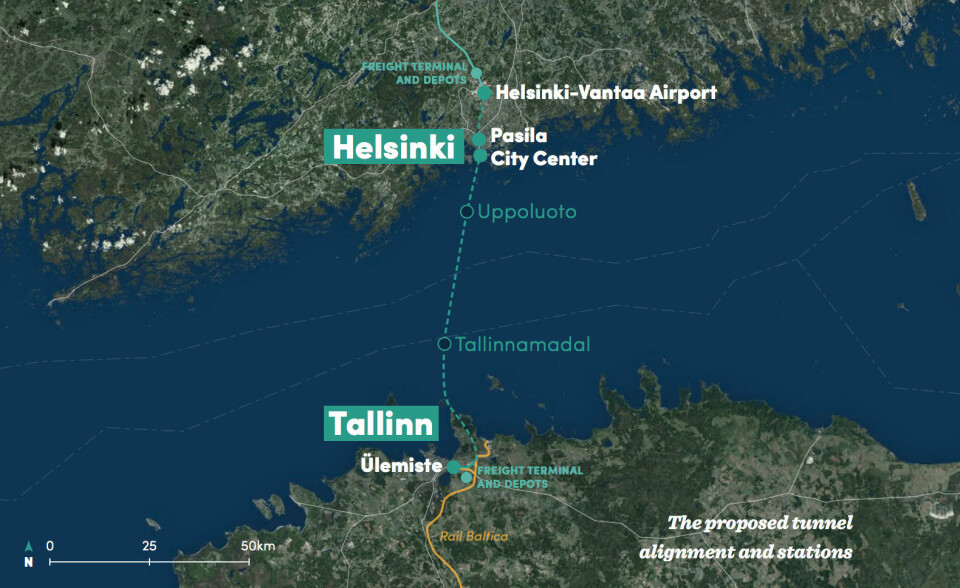 The projected tunnel from Helsinki to Tallinn. Map by Finestlink.fi