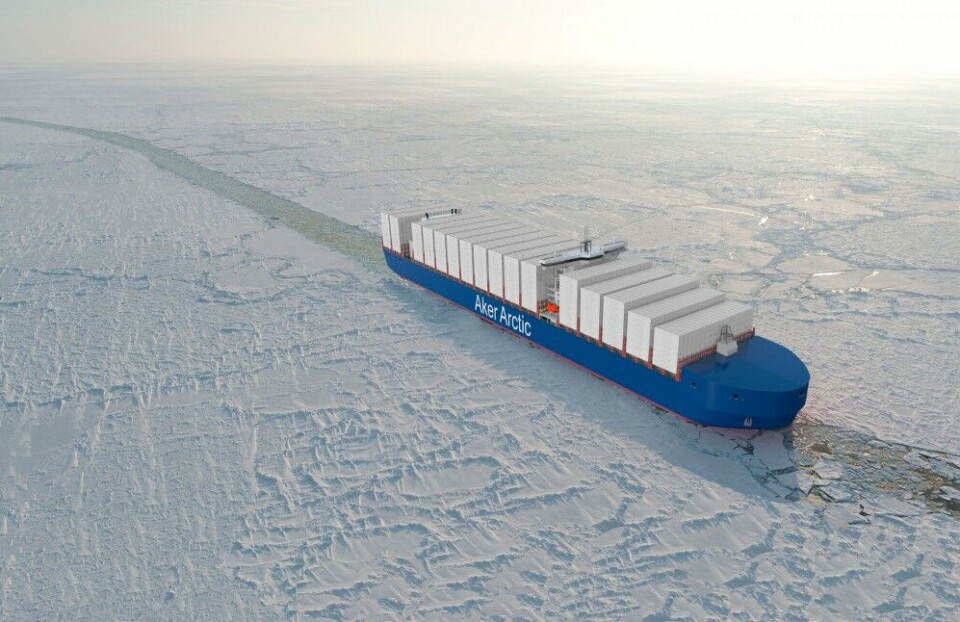 The 8,000 TEU container ship for independent use in both summer and winter along the Northern Sea Route. 3D rendering courtesy of Aker Arctic