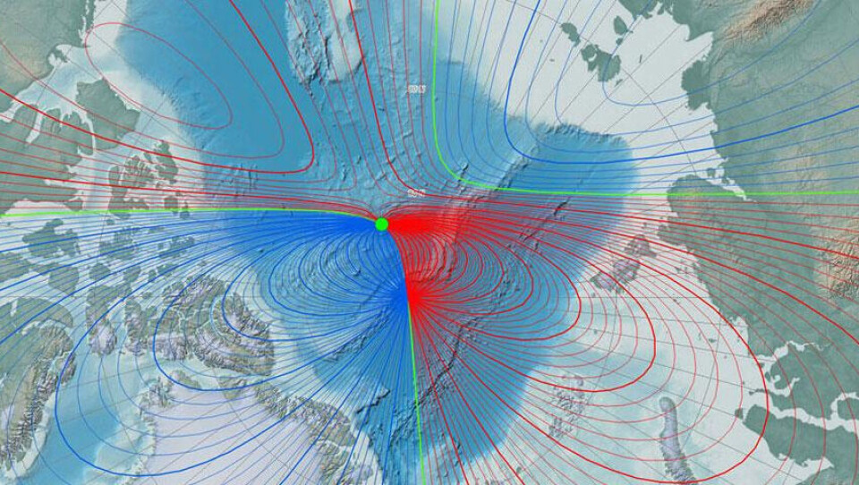 The latest update of the World Magnetic Model shows that the north magnetic pole is drifting towards Siberia at an unprecedented rate. Map of 2015 Arctic magnetic declination. Illustration map: Courtesy of NOAA NCEI