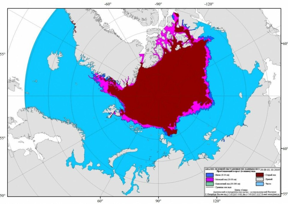 Arctic ice, 1st October 2019. Map by aari.ru