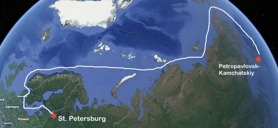 From Kamchatka, the Sevmorput will sail take the short-cut via the Arctic en route to St. Petersburg. Map: Barents Observer / Google Earth