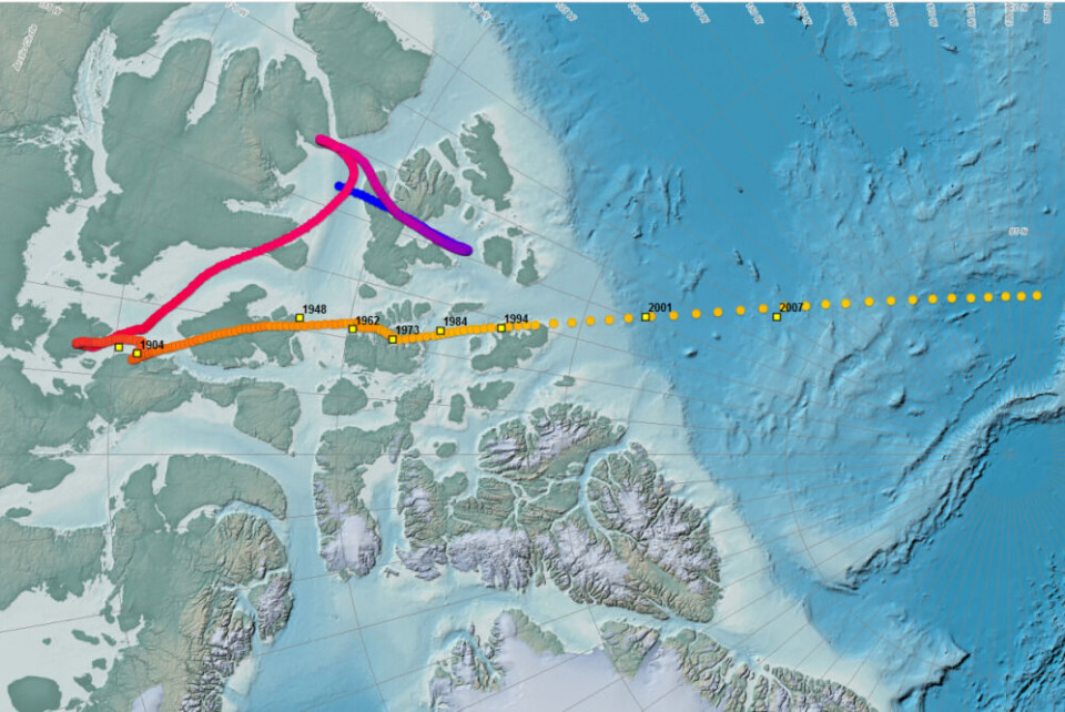 Map representing the trajectory of the magnetic north pole between 1590 and 2020. The magnetic north positions observed between 1831 and 2007 are shown as yellow squares. Modeled pole locations from 1590 to 2020 are shown as circles progressing from blue to yellow. Map:Courtesy of NOAA NCEI