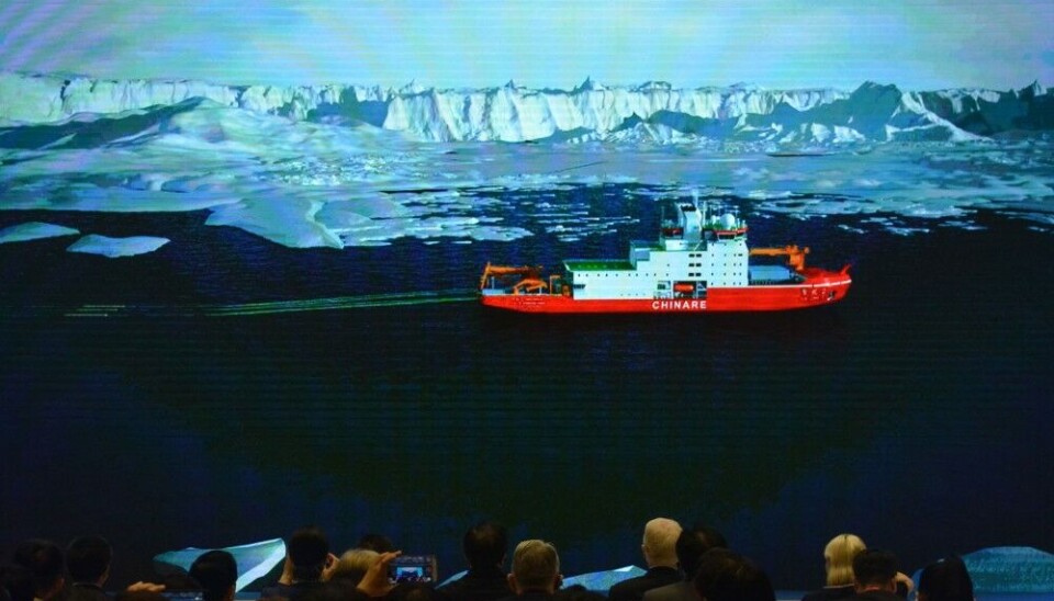 New icebreaker Xuelong-2 presented in conference on the Arctic in 2019. Photo: Atle Staalesen