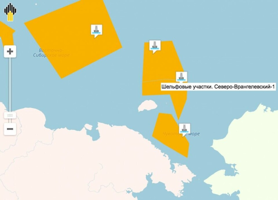 Rosneft license areas around Wrangel Island. Map by Rosneft.ru