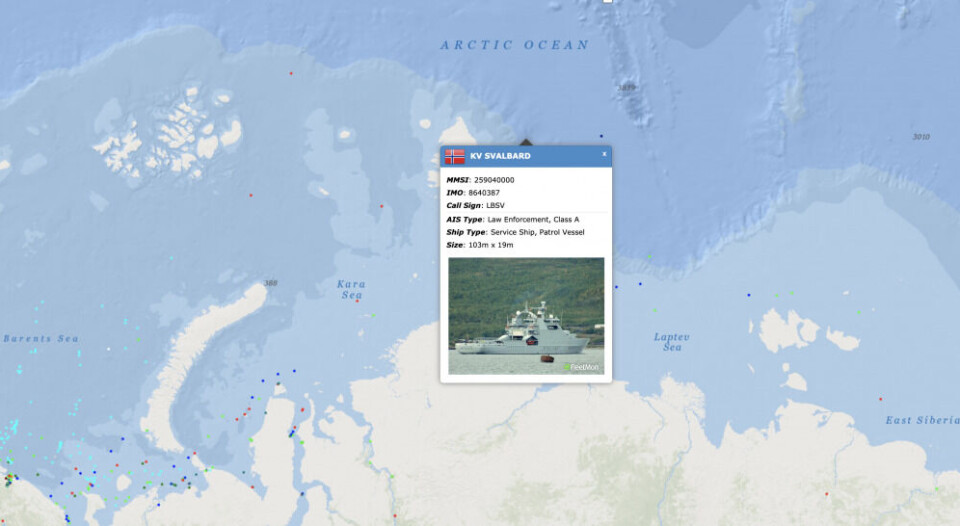 By October 27, KV Svalbard was sailing east of the Russian archipelago of Severnaya Zemlya into the Laptev Sea. Screenshot from exactEarth Shipview