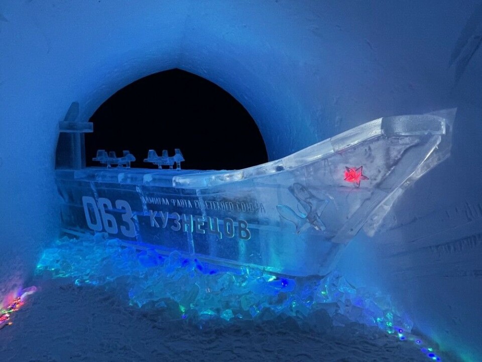An ice sculpture of Russia's single aircraft carrier 'Admiral Kuznetsov'. Photo: Andrey Zolotkov