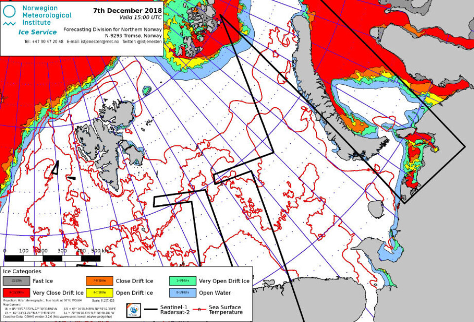 Sea ice on December 7th, 2018. Map: Norwegian Ice Service / MET Norway