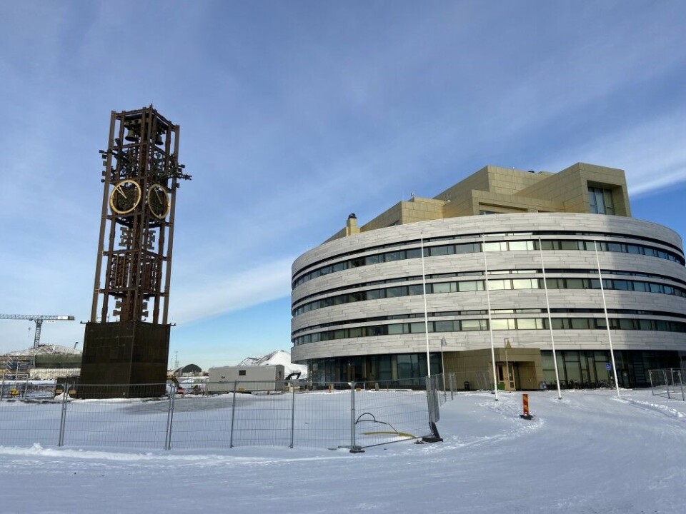The 13,000 square meters new City Hall, named 'The Crystal', will host the council chamber, service offices for the inhabitants, meeting rooms and exhibition rooms for local Sámi art. The tower clock, originally built in 1963, was moved from the old City Hall to its new location in 2018, marking the first start of construction of Kiruna's new city center. Photo: Thomas Nilsen