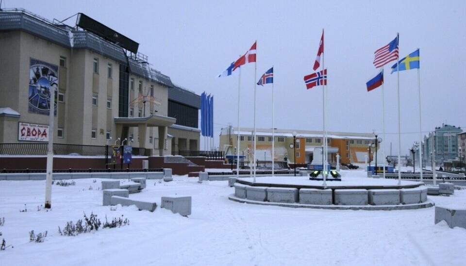 The eight Arctic Council flags in Salekhard; Russia, Sweden, the United States, Canada, Denmark, Finland, Iceland and Norway. Photo: Thomas Nilsen