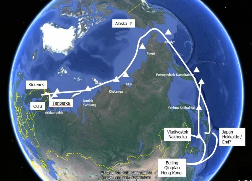 Кабель передачи данных между Финляндией и Азией. Карта: Cinia / Google Earth