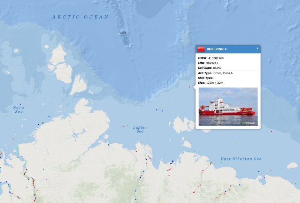 The Xue Long 2 in early August sailed north of the archipelago of New Siberian Island. Screenshot from ship tracking service by the Barents Observer