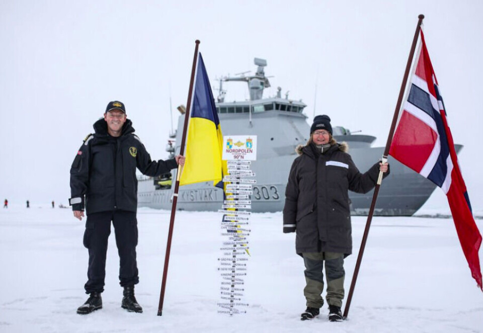 Captain Geir-Magne Leinebø and CAATEX expedition leader Dr. Hanne Sagen at the North Pole on Wednesday. Photo: Norwegian Coast Guard