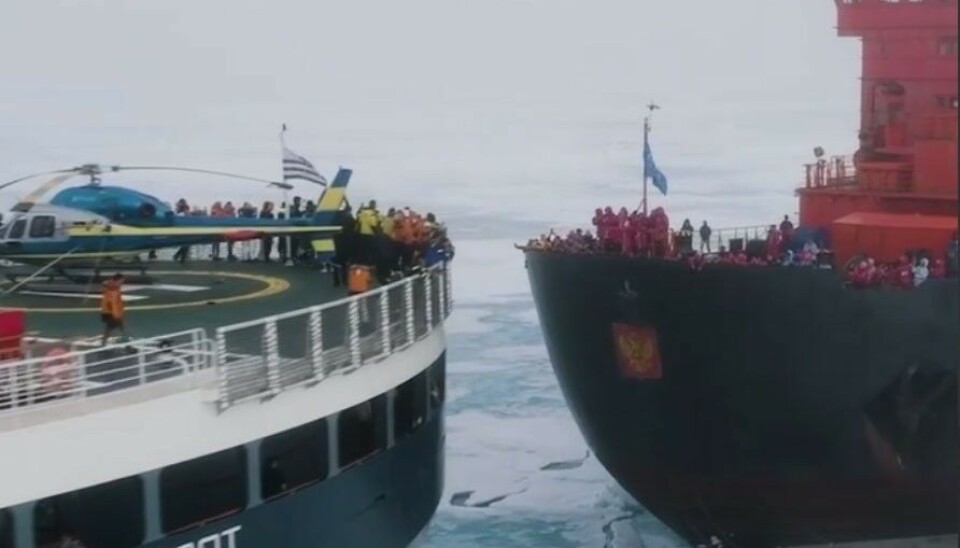 Icebreaking cruise ship Le Commandant Charcot sails along with Russian nuclear icebreaker 50 Let Pobedy near North Pole. Photo: screenshot from video