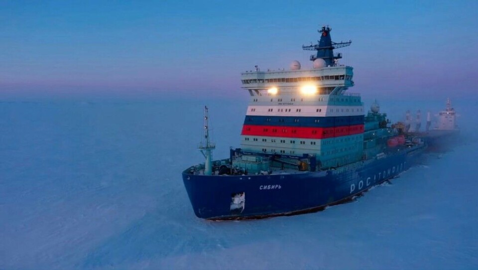 Nuclear icebreaker 'Sibir' escorts cargo ship 'Taymyr' to Tanalau on the Yenisey River. Photo: Rosatomflot