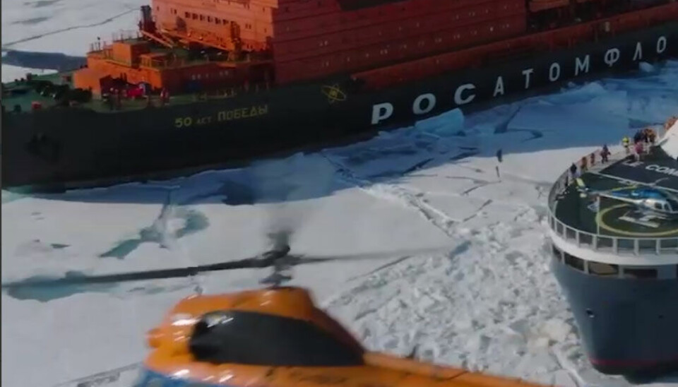 Helicopters from both the Le Commandant Charcot and the 50 Let Pobedy were in the air when the two ships met in the sea-ice. Screenshot from video