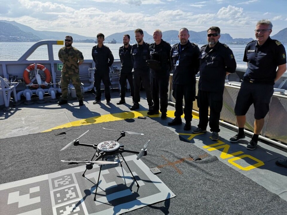 The first drone to carry a radiation detector was tested from the Coast Guard vessel 'Tor' which patrols the west coast of Norway. Photo: Norwegian Coast Guard