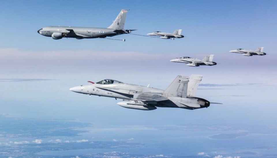 F/A-18 in refueling over northern Finland. Photo: Finnish Air Force