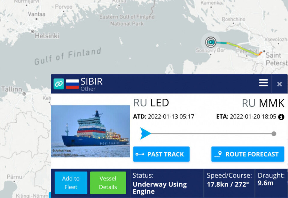 The icebreaker is Thursday sailing the Gulf of Finland. Screenshot from MarineTraffic.com