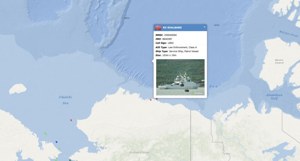 The position of “KV Svalbard” in the Beaufort Sea on November 9. Screenshot from exactEarth ShipView