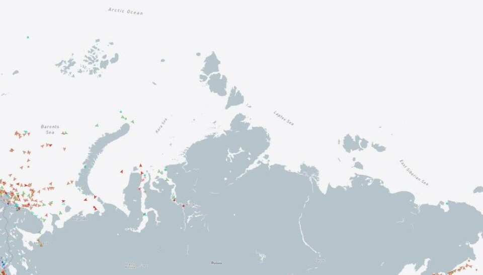 Russia says it aims for year-round shipping on Northern Sea Route, but in late January 2024 there was hardly a single ship in the icy waters east of the Vilkitsky Strait. Map: MarineTraffic/Barents Observer