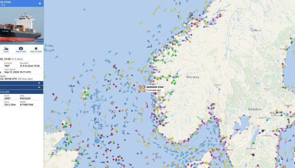 The NewNew Star was in mid-September 2024 on its way south along the Norwegian coast with course for St.Petersburg. Map by Vesselfinder/Barents Observer