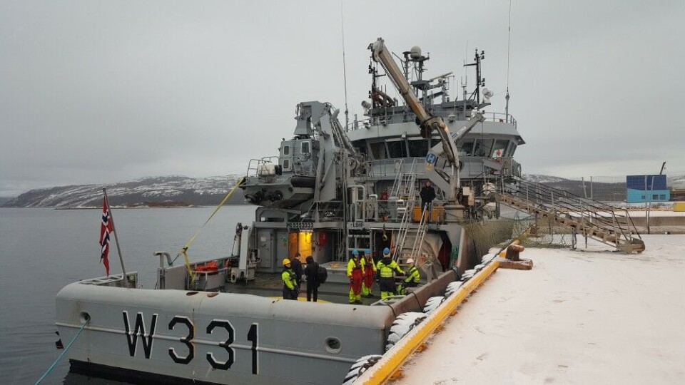 A drone with radiation detector will soon be ready for operations on board “KV Farm”, the Norwegian Coast Guard’s vessel sailing the fjords and coast of Finnmark near the border to Russia’s heavily militarised Kola Peninsula. Photo: Thomas Nilsen