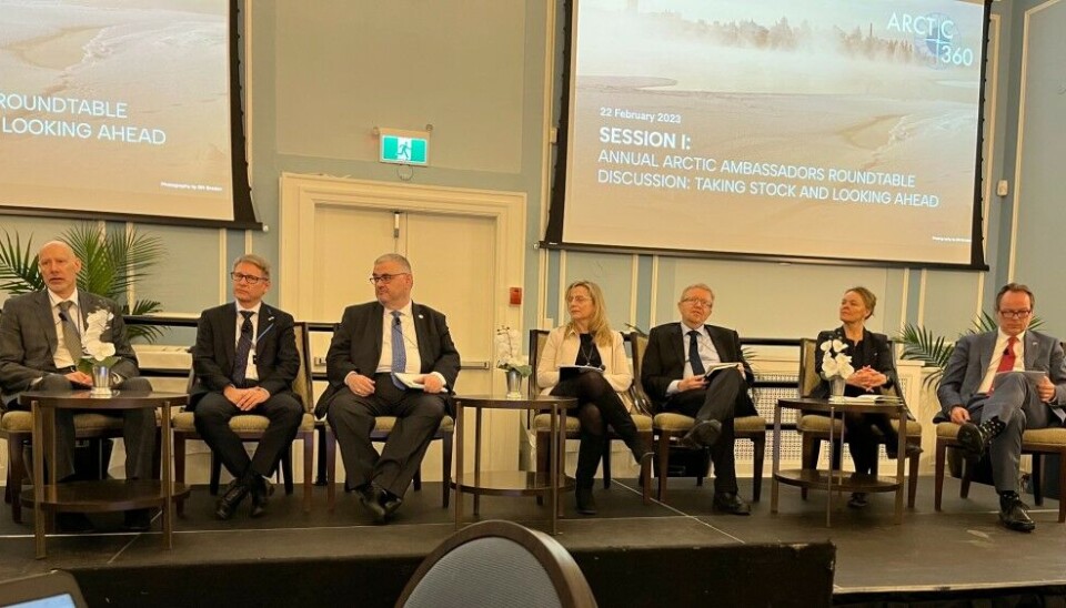 Circumpolar diplomats at the 2023 Arctic360 conference in Toronto on Wednesday. From left to right: Jon Elvedal Fredriksen, Norway’s ambassador to Canada; Roy Eriksson, Finland’s ambassador to Canada; Louis J. Crishock, the U.S. senior arctic official; Heidi Kutz, Canada’s senior arctic official; Kenneth Hoegh, Greenland’s head of representation to Canada and US; Hanne Fugl Eskjær, Denmark’s ambassador to Canada; and Hlynur Gudjonsson, Iceland’s ambassador to Canada. Photo: Eilís Quinn / Eye on the Arctic