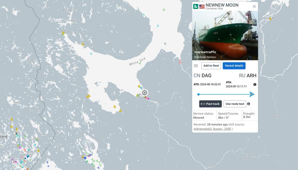 The NewNew Moon on 13th September arrived in Arkhangelsk after sailing from China on the Northern Sea Route. Map by Marinetraffic/The Barents Observer