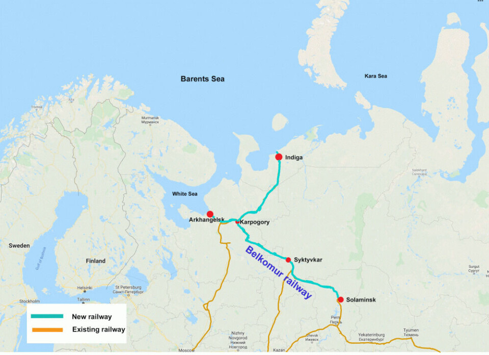The Belkomur railway will be built from Solikamsk via Syktyvkar to Arkhangelsk. Now with a planned side-track of about 500 km heading north to Indiga. Map: Barents Observer / Google Earth